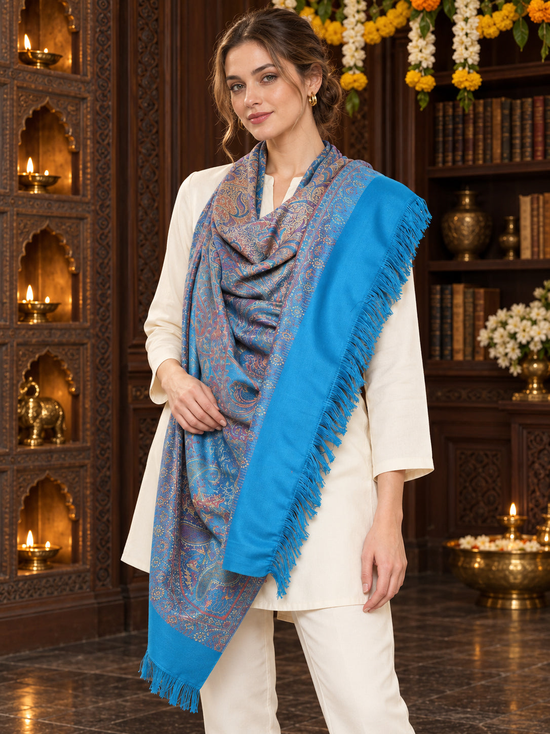 Sky Blue paisley woven shawl styled on a model in a luxurious festive palace setting — single-shoulder styling