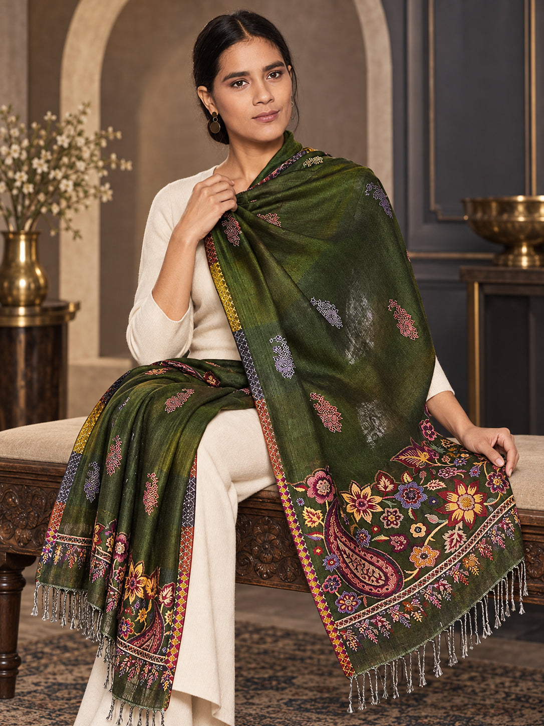 WV-503-MEHNDI | Woven floral stole | Elegant drape 3
