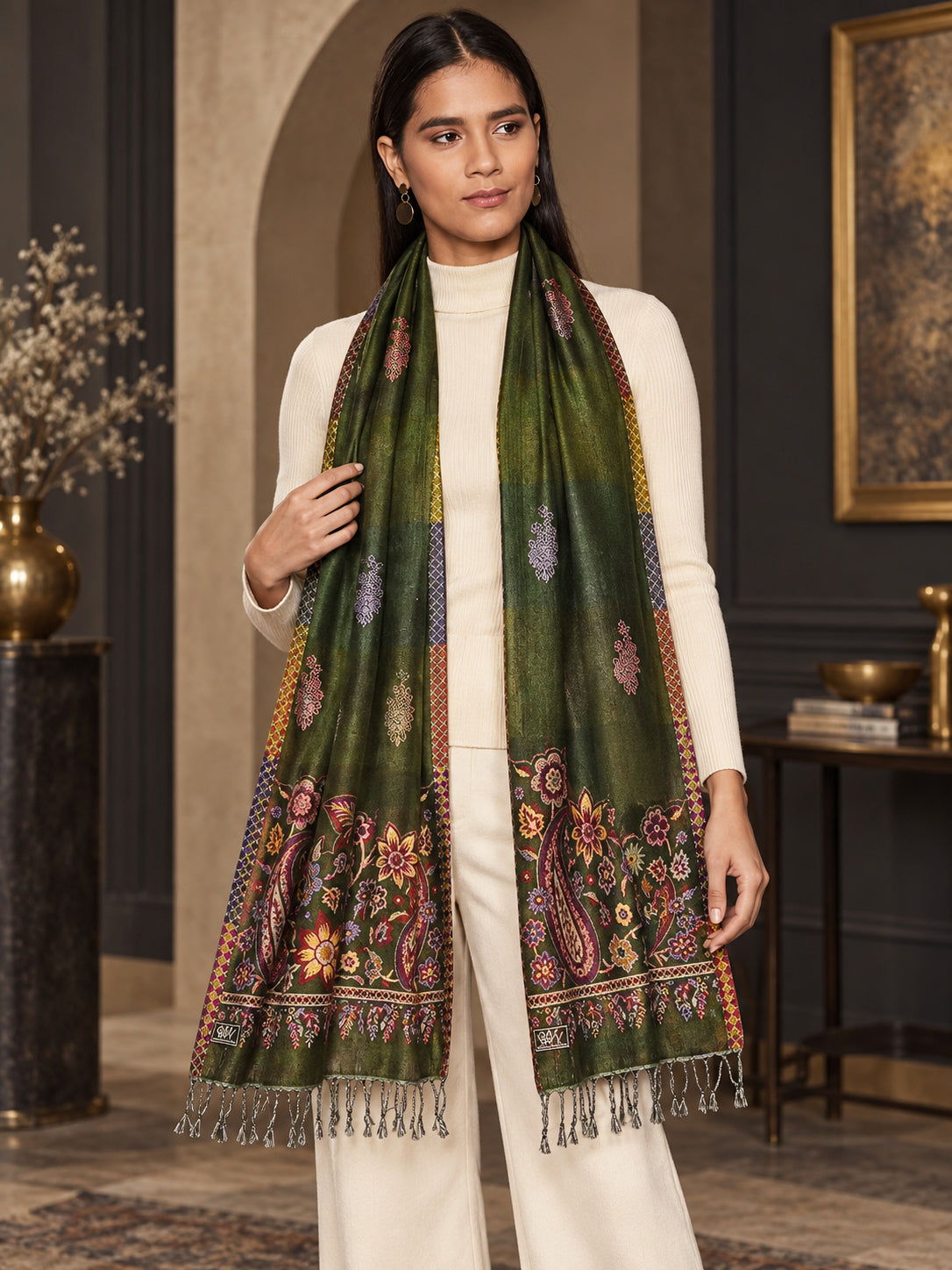 WV-503-MEHNDI | Woven floral stole | Elegant drape 4