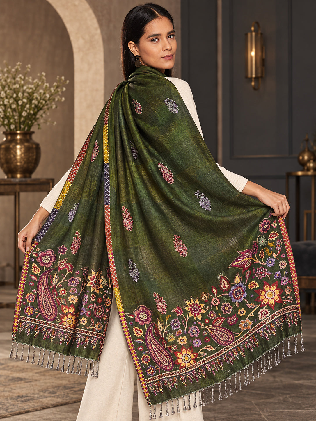 WV-503-MEHNDI | Woven floral stole | Elegant drape 5