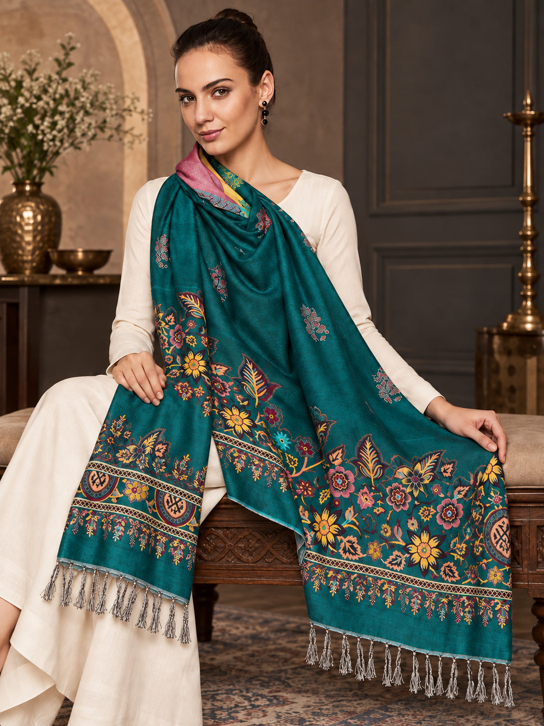 WV-503-NEWGREEN | Woven floral stole | Elegant drape 3