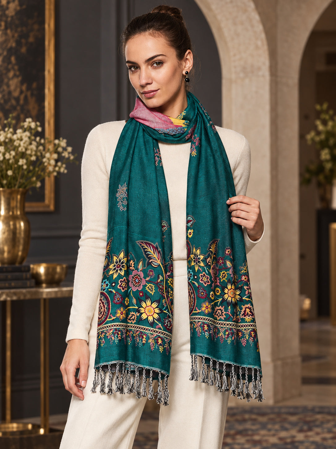 WV-503-NEWGREEN | Woven floral stole | Elegant drape 4