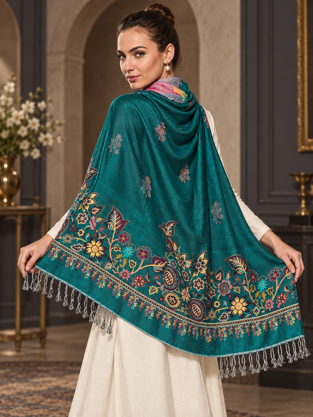 WV-503-NEWGREEN | Woven floral stole | Elegant drape 5