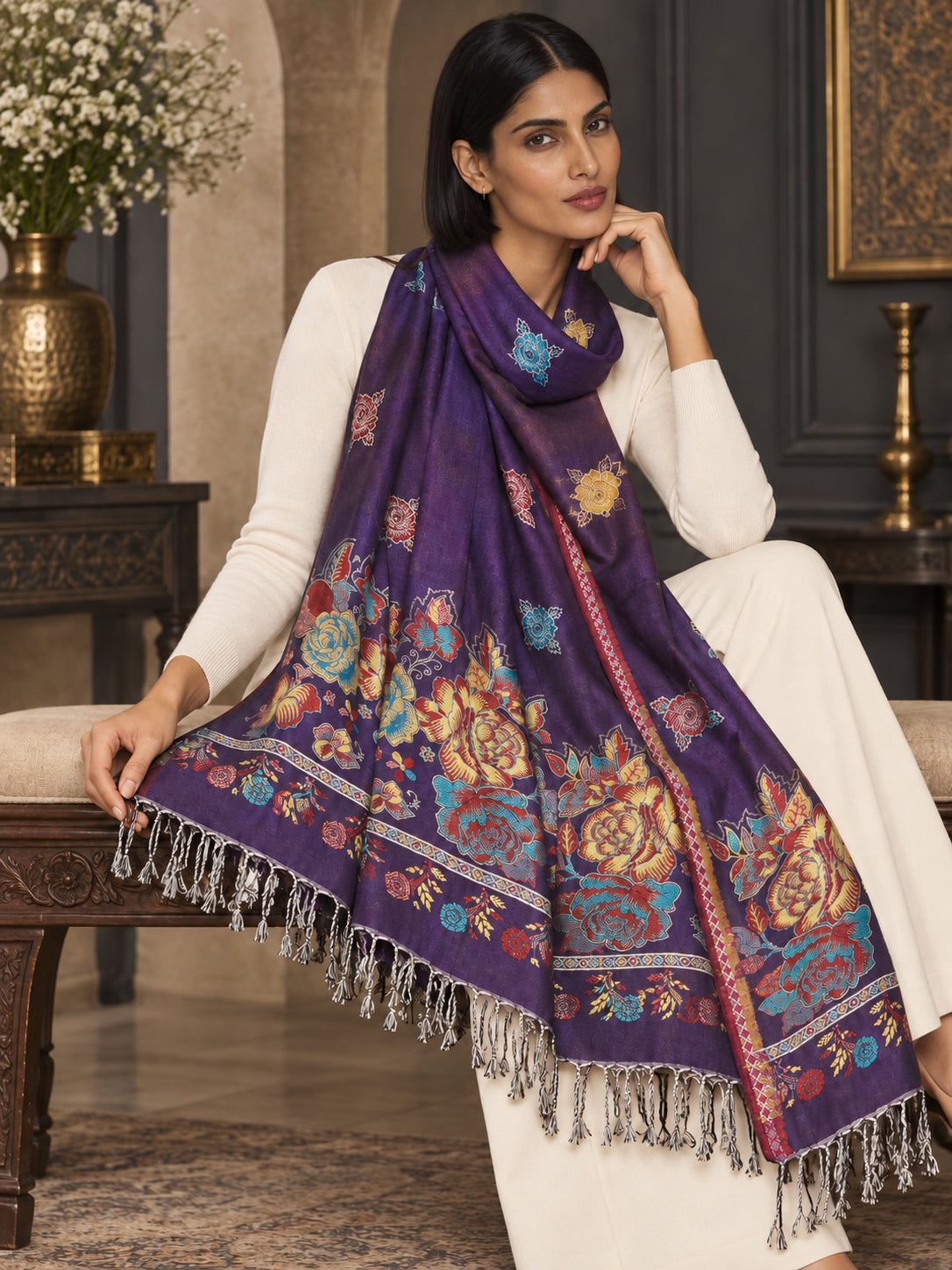 WV-503-PURPLE | Purple woven floral stole | Elegant drape 3