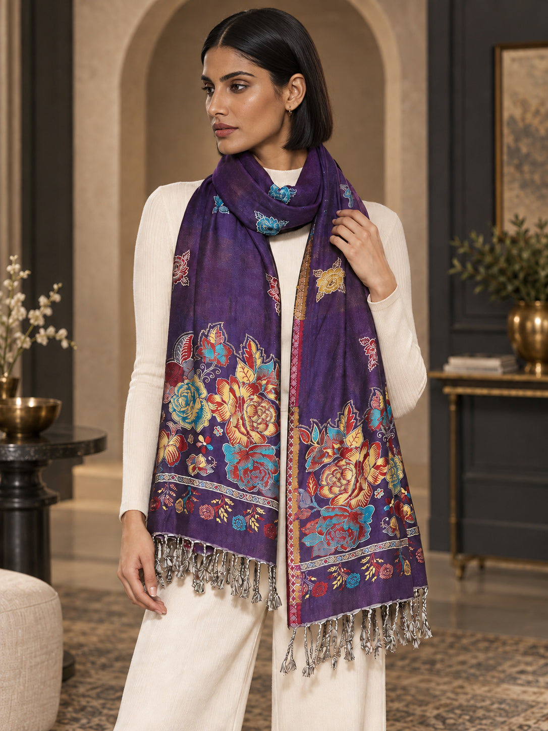 WV-503-PURPLE | Purple woven floral stole | Elegant drape 4