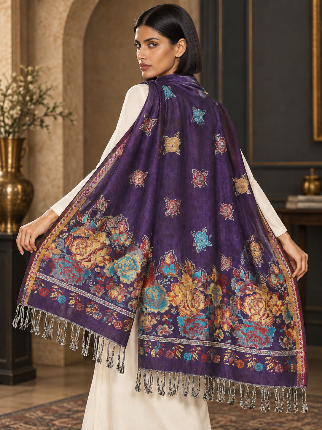 WV-503-PURPLE | Purple woven floral stole | Elegant drape 5