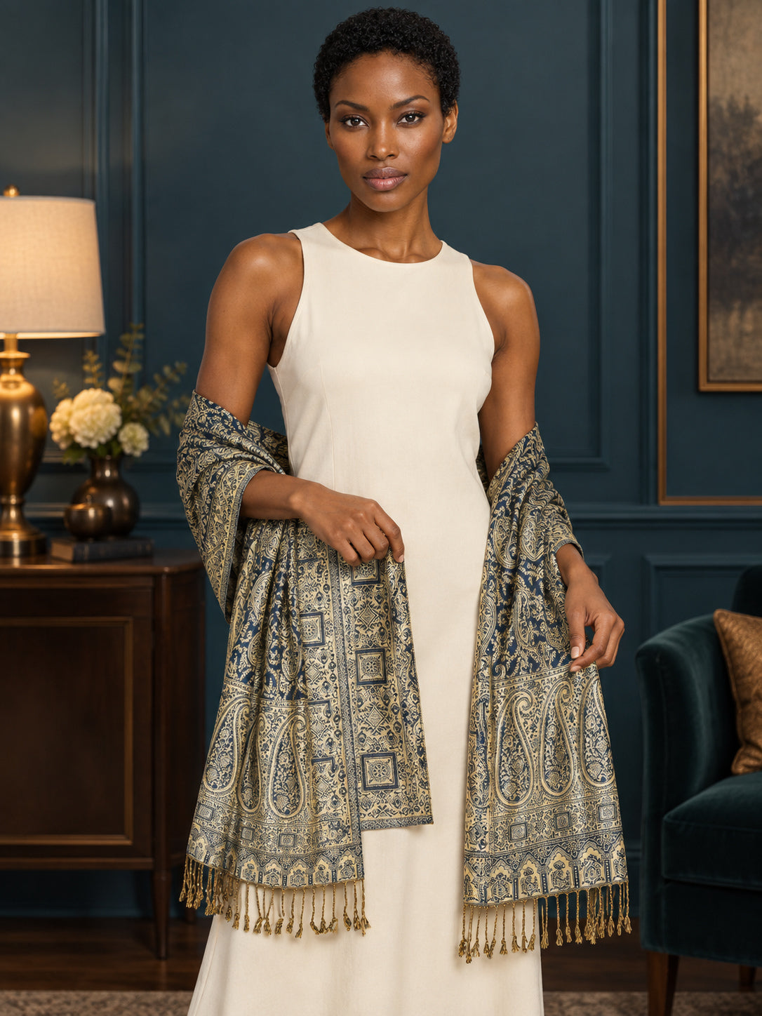 WV-654-NAVYBLUE | Woven stole | Elegant drape 3
