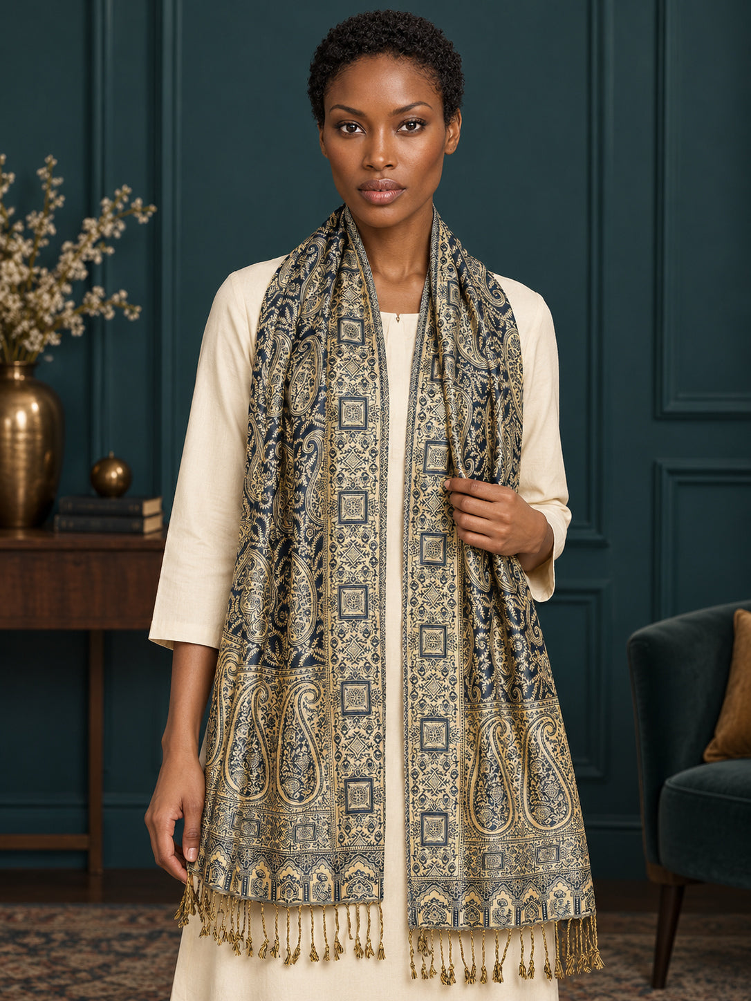 WV-654-NAVYBLUE | Woven stole | Elegant drape 4