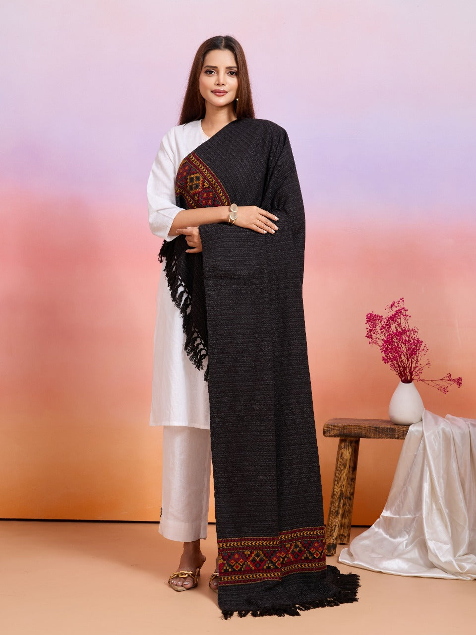 Weavers Villa Women's Kullu Design Woven Shawl