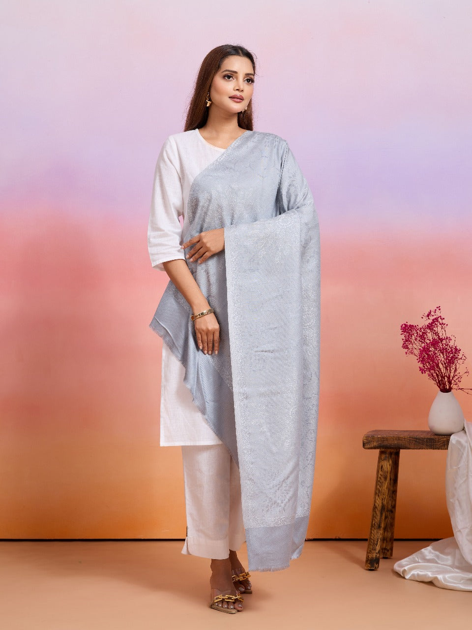 Weavers Villa Women's Viscose Stole – Soft Lightweight Self Design Stole Shawl Wrap Dupatta Scarf for All Seasons, Sun Protection, 70cm x 200cm