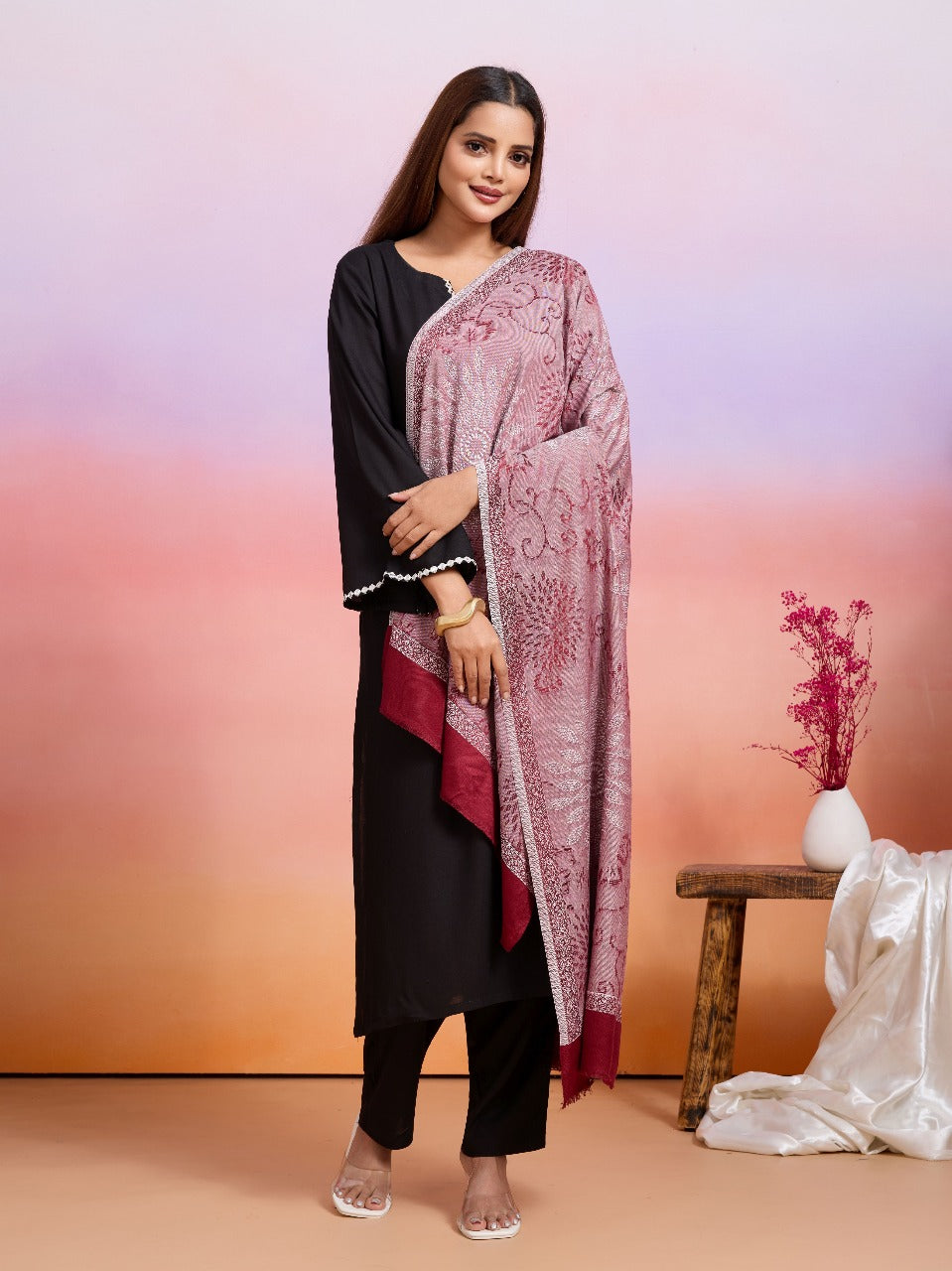 Weavers Villa Women's Viscose Stole – Soft Lightweight Self Design Stole Shawl Wrap Dupatta Scarf for All Seasons, Sun Protection, 70cm x 200cm