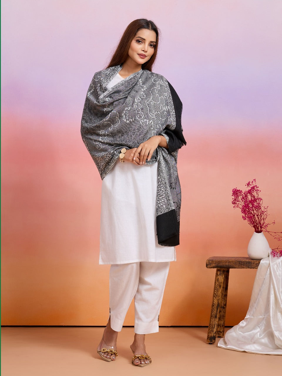 Weavers Villa Women's Viscose Stole – Soft Lightweight Self Design Stole Shawl Wrap Dupatta Scarf for All Seasons, Sun Protection, 70cm x 200cm
