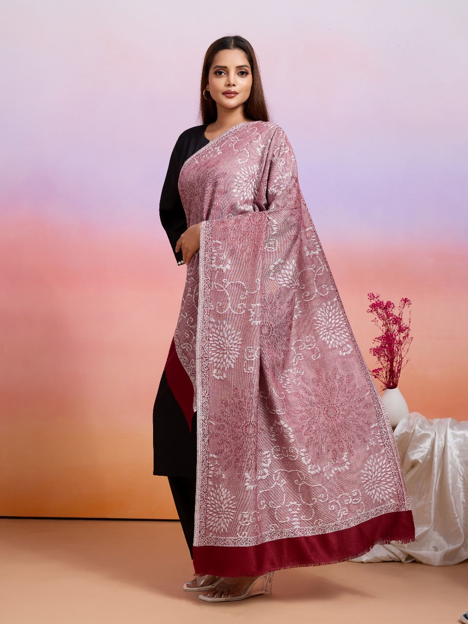 Weavers Villa Women's Viscose Stole – Soft Lightweight Self Design Stole Shawl Wrap Dupatta Scarf for All Seasons, Sun Protection, 70cm x 200cm