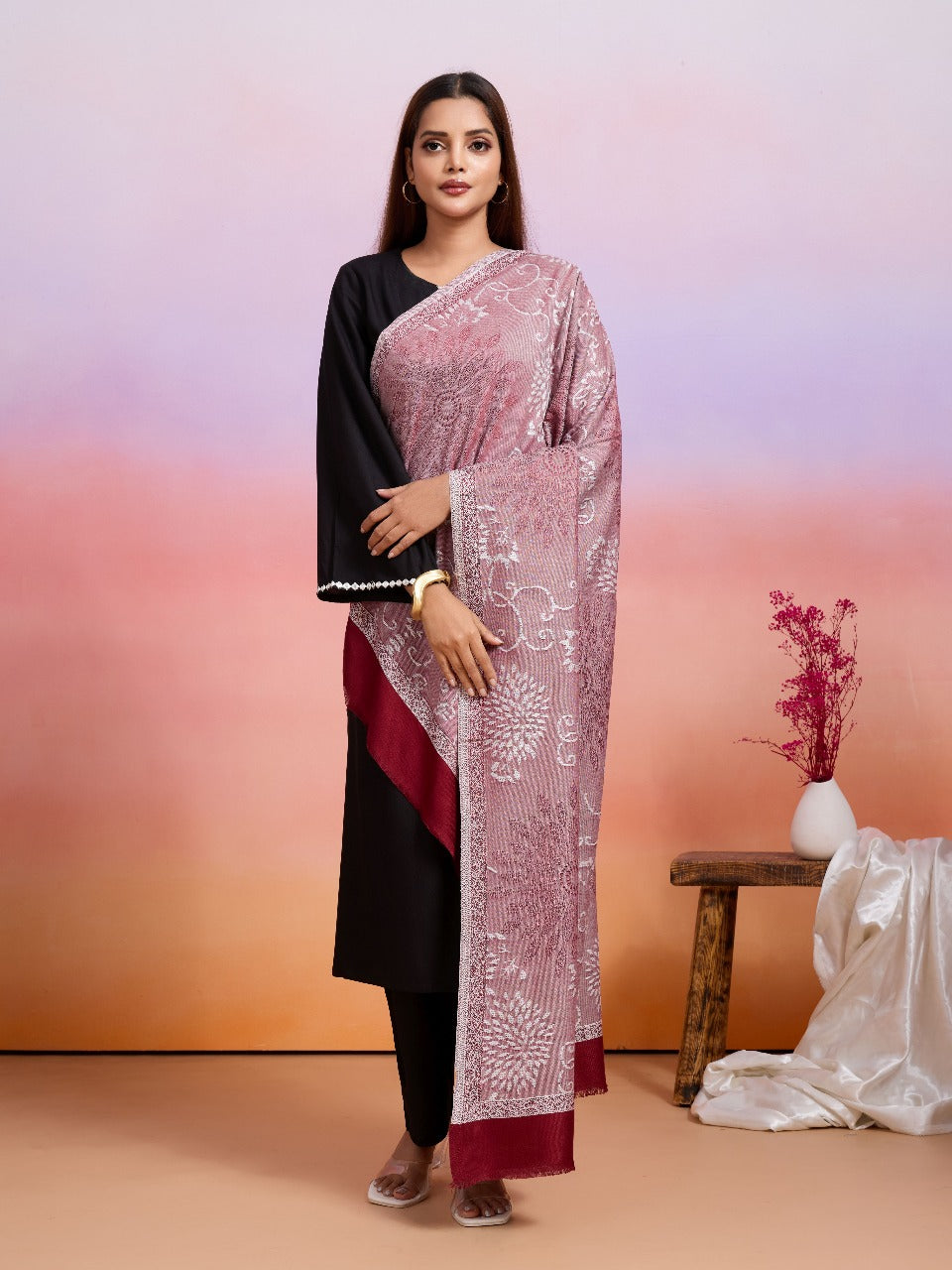 Weavers Villa Women's Viscose Stole – Soft Lightweight Self Design Stole Shawl Wrap Dupatta Scarf for All Seasons, Sun Protection, 70cm x 200cm