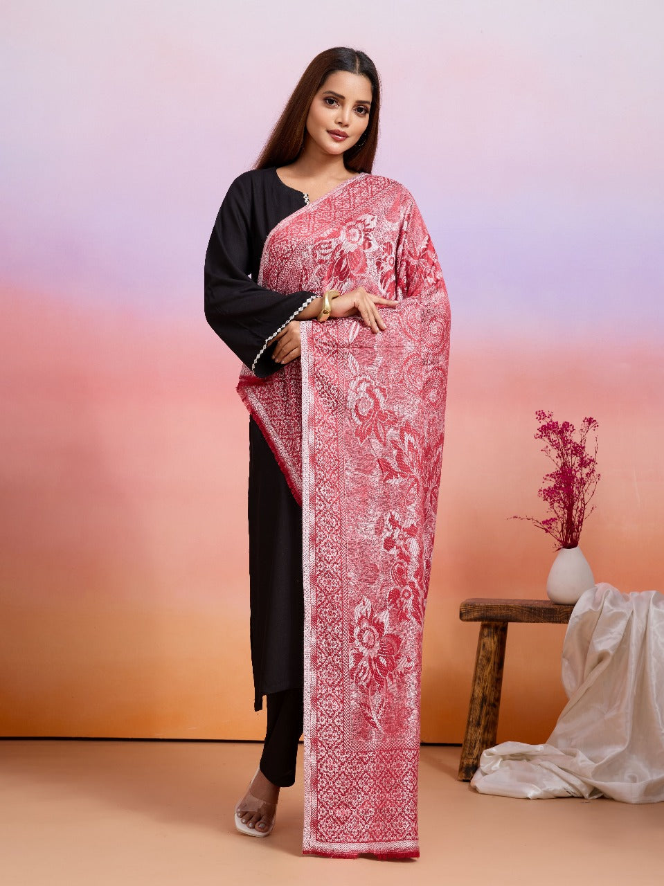 Weavers Villa Women's Heritage Viscose Stole – Soft Lightweight Floral Jaal Design Stole Shawl Wrap Dupatta Scarf for All Seasons, Sun Protection for girls, 70cm x 200cm