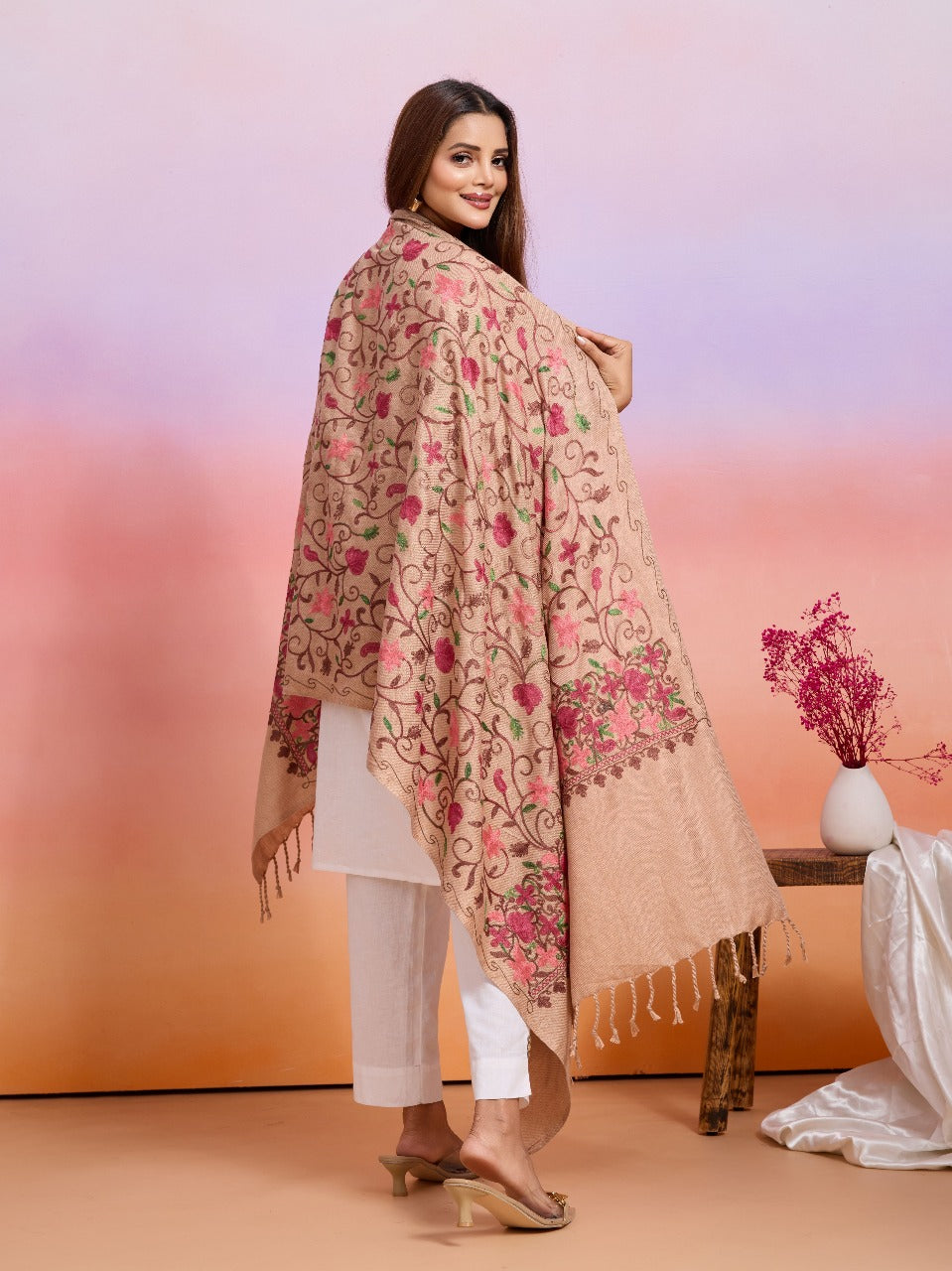 Weavers Villa Designer Acrylic Kashmiri Shawl Embroidery Stole, 70cm x 200cm