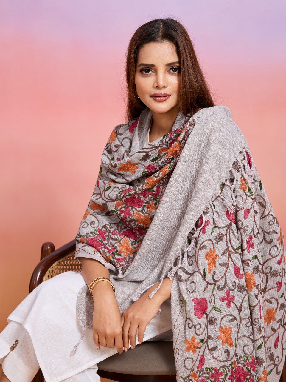 Weavers Villa Designer Acrylic Kashmiri Shawl Embroidery Stole, 70cm x 200cm