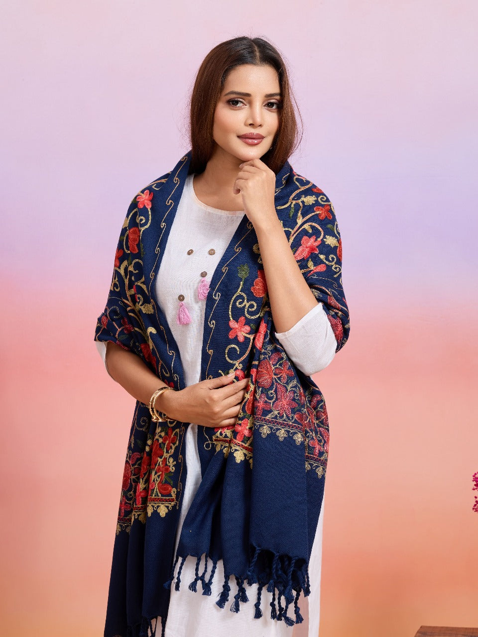 Weavers Villa Designer Acrylic Kashmiri Shawl Embroidery Stole, 70cm x 200cm
