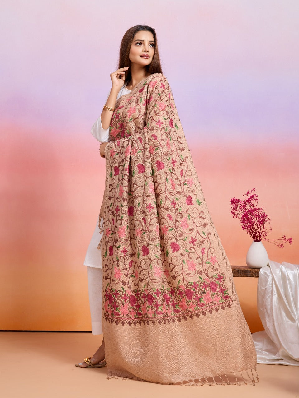 Weavers Villa Designer Acrylic Kashmiri Shawl Embroidery Stole, 70cm x 200cm