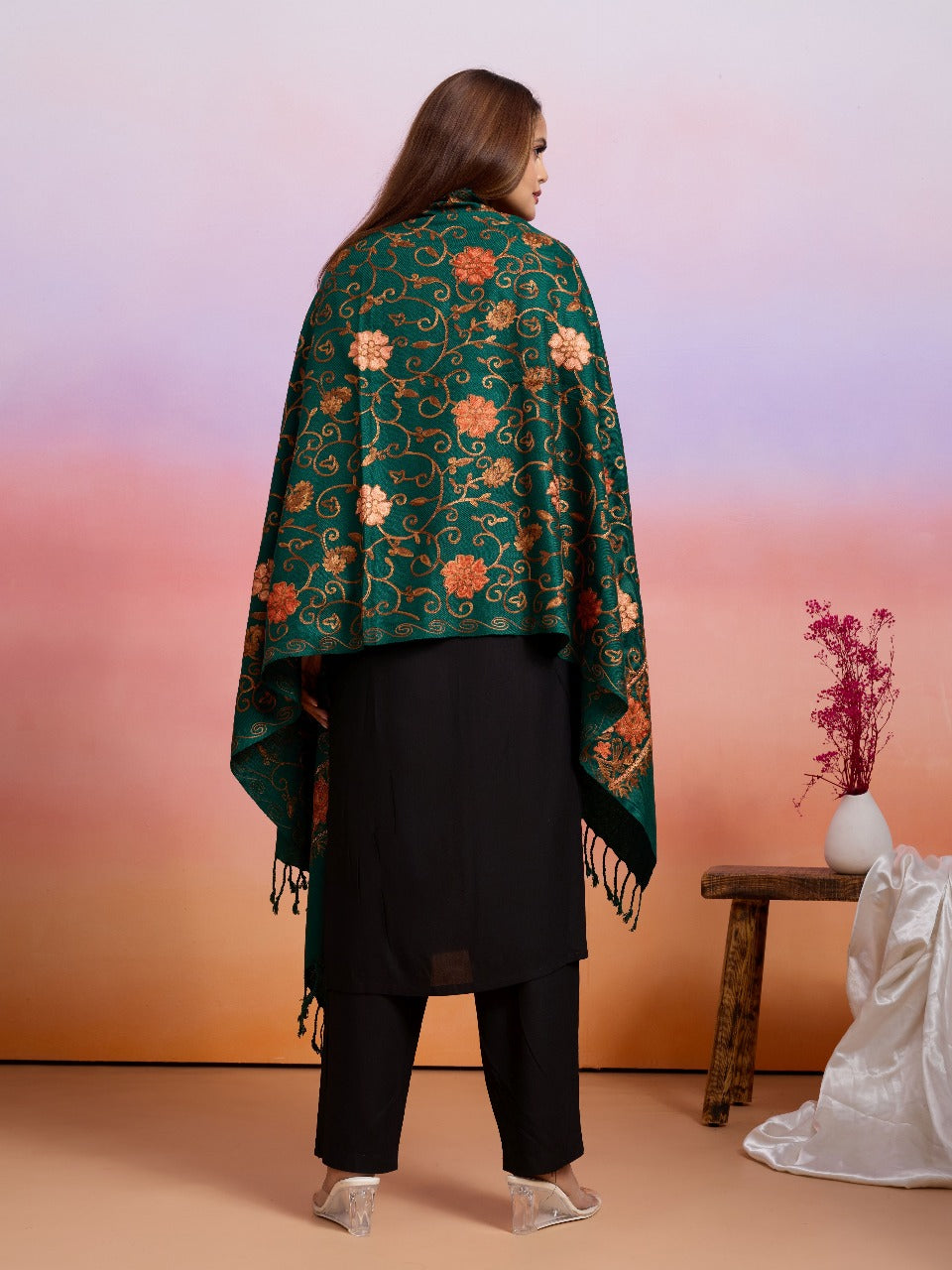 Weavers Villa Designer Acrylic Kashmiri Shawl Embroidery Stole, 70cm x 200cm