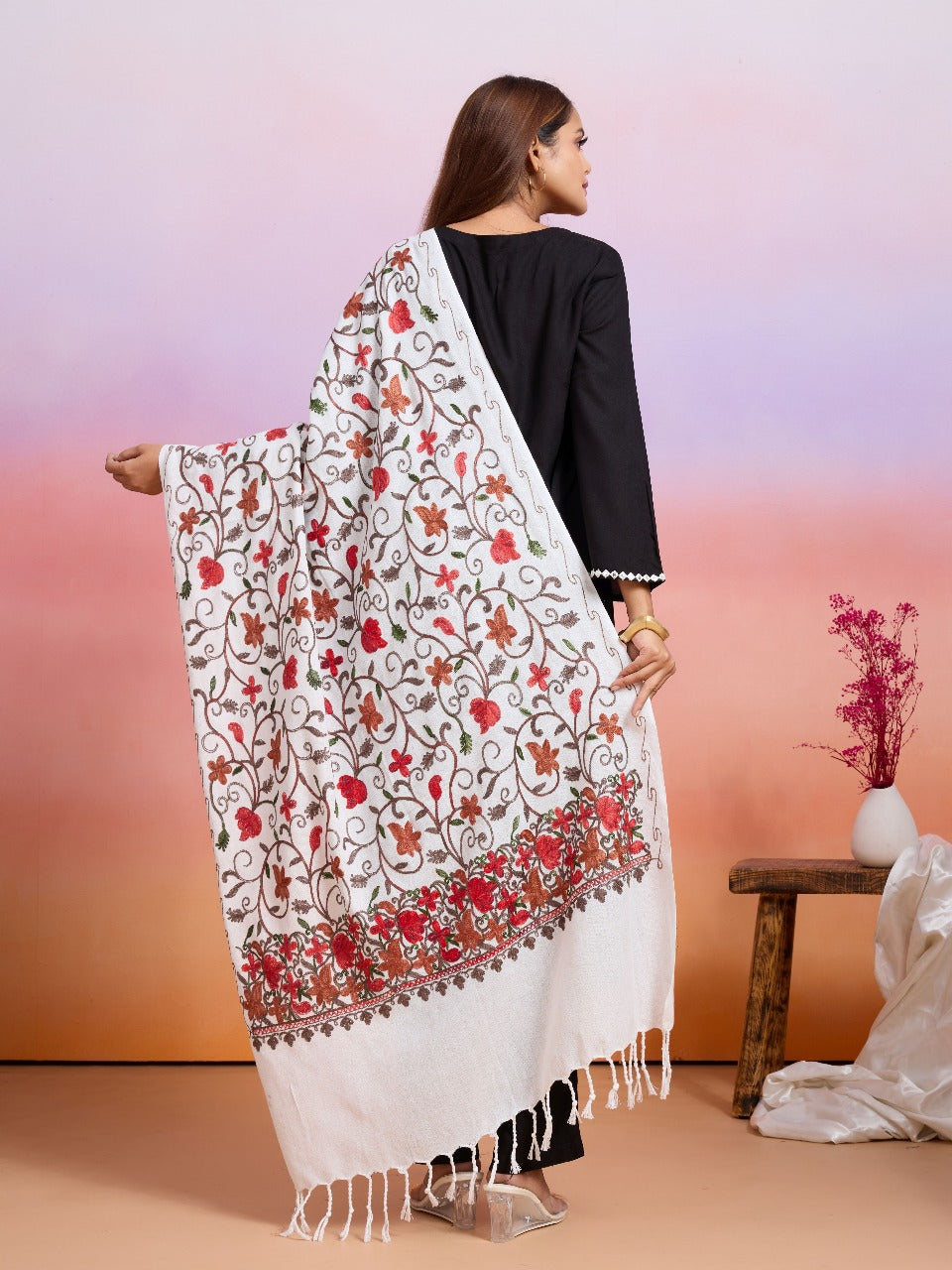 Weavers Villa Designer Acrylic Kashmiri Shawl Embroidery Stole, 70cm x 200cm