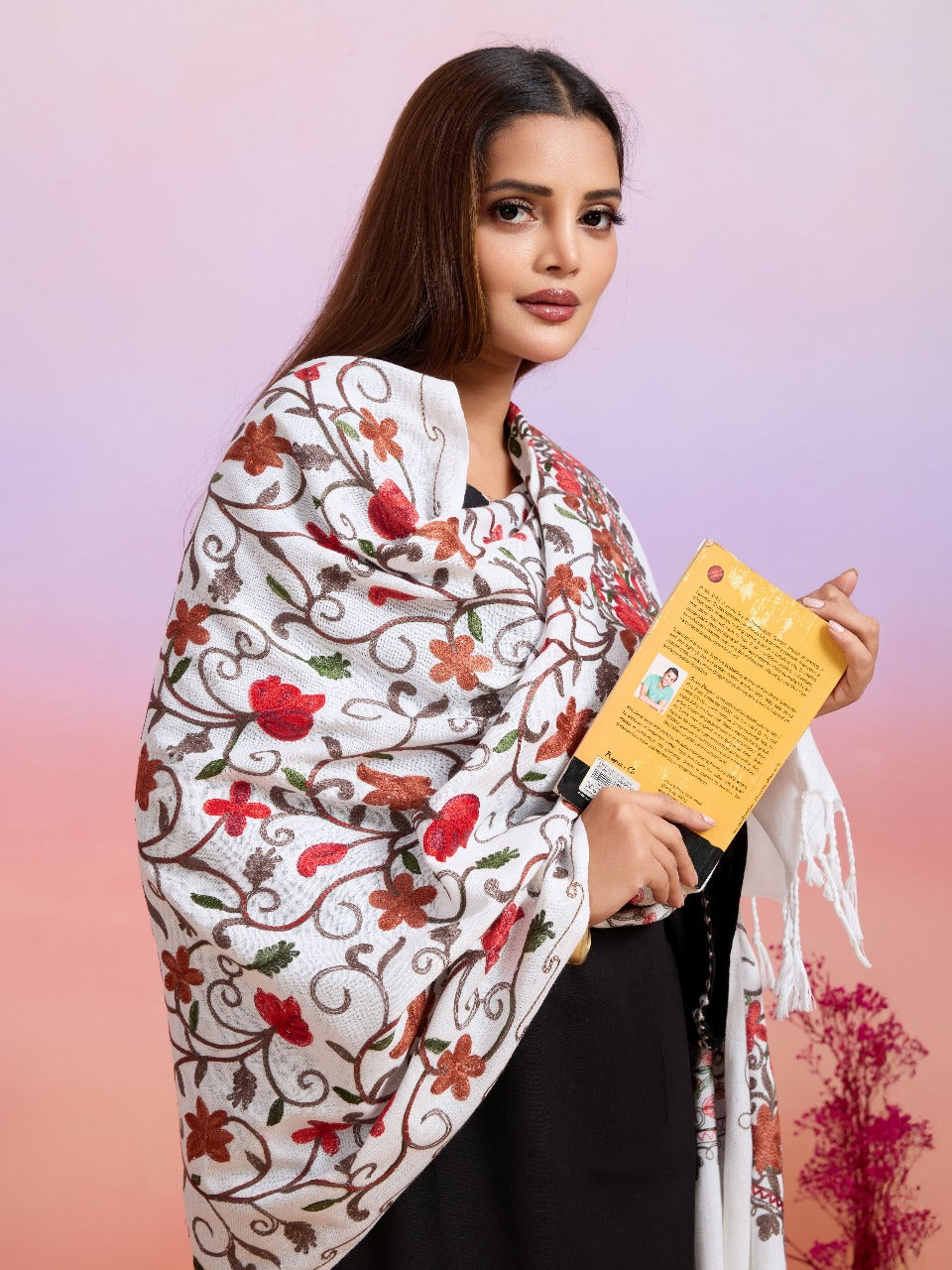 Weavers Villa Designer Acrylic Kashmiri Shawl Embroidery Stole, 70cm x 200cm