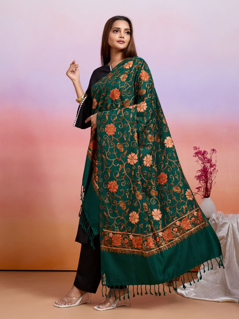 Weavers Villa Designer Acrylic Kashmiri Shawl Embroidery Stole, 70cm x 200cm