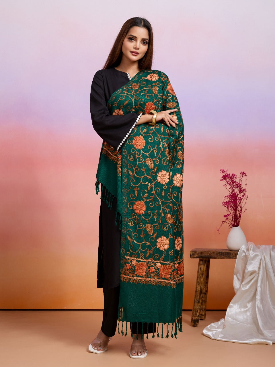 Weavers Villa Designer Acrylic Kashmiri Shawl Embroidery Stole, 70cm x 200cm