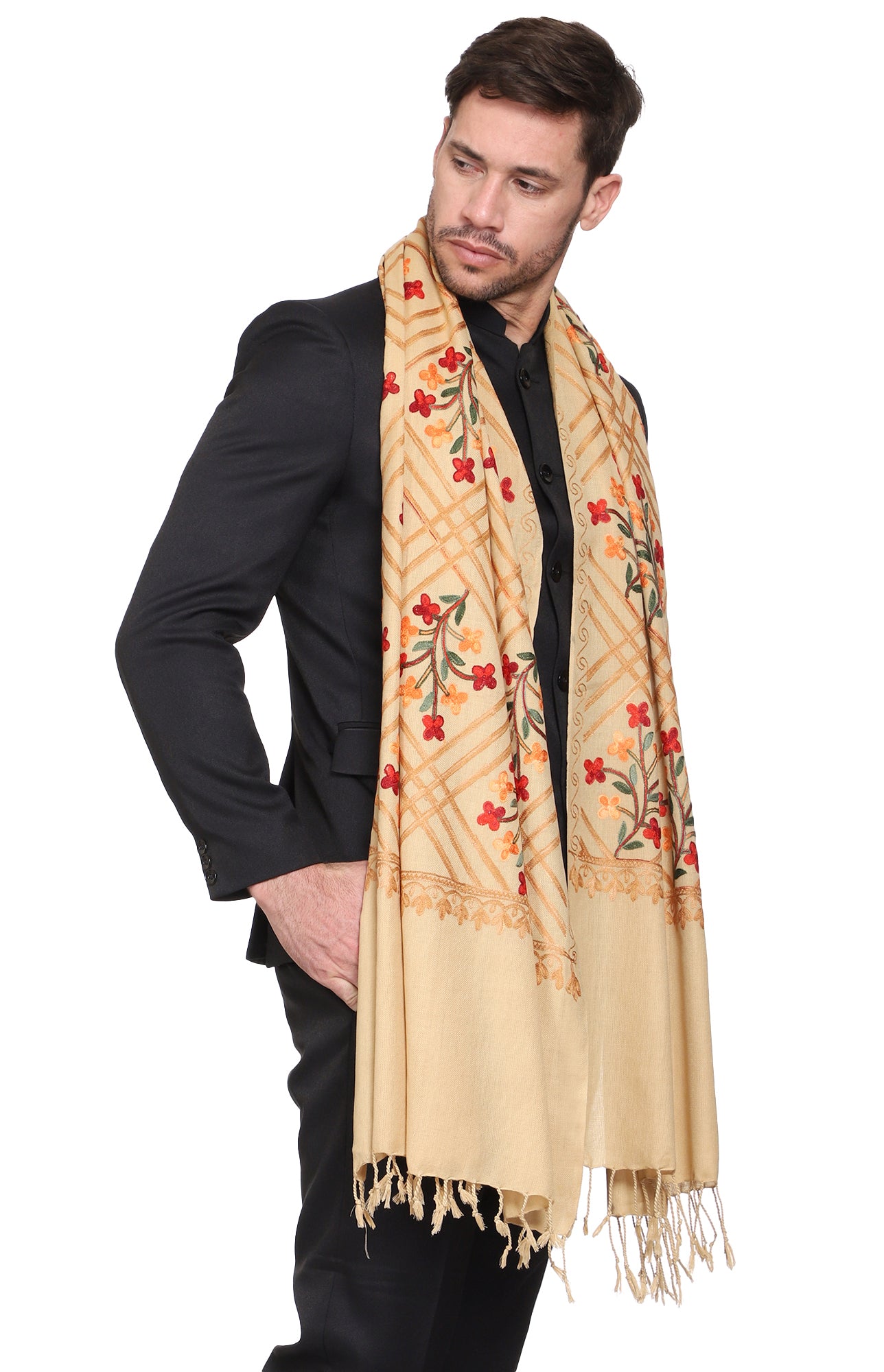 Men's Floral Embroided Cashmilon Shawl