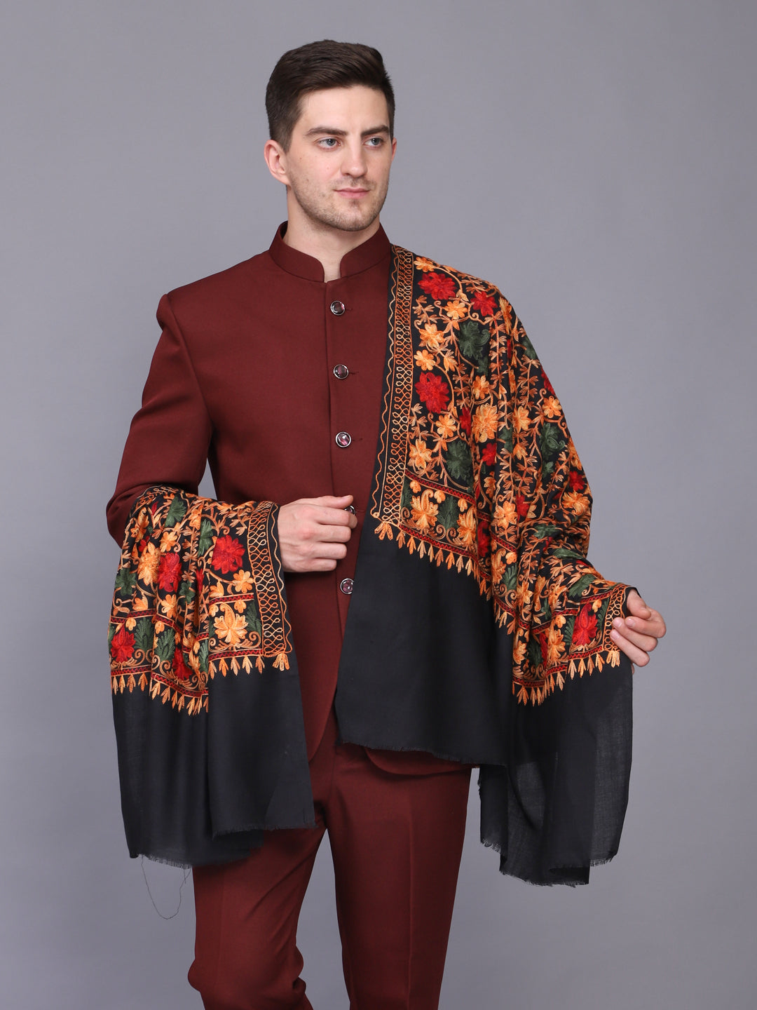 Men's Floral Embroided Cashmilon Shawl