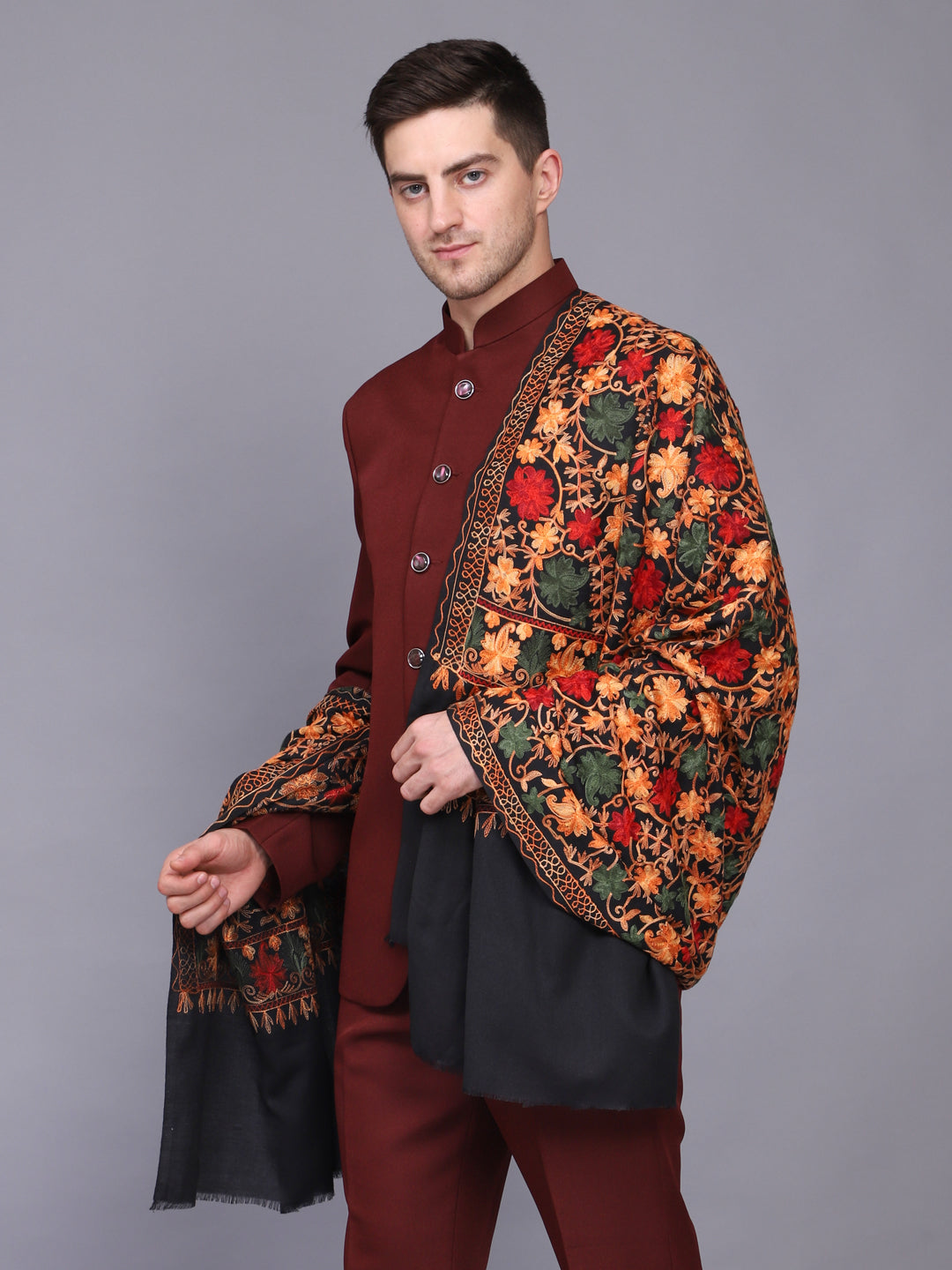 Men's Floral Embroided Cashmilon Shawl