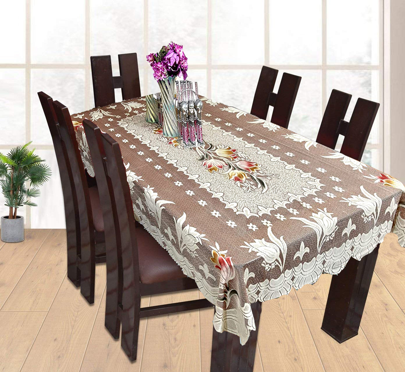 Weavers Villa Cotton flowered Rectangular 6 Seater Table Cover - ( Pack of 1)