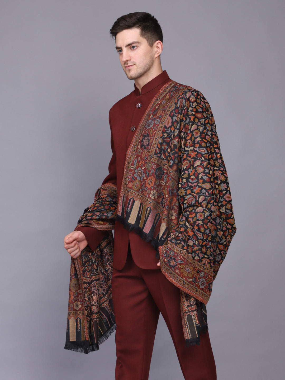 Men's Kalamkari Design Woven Acro Wool Blend Shawl