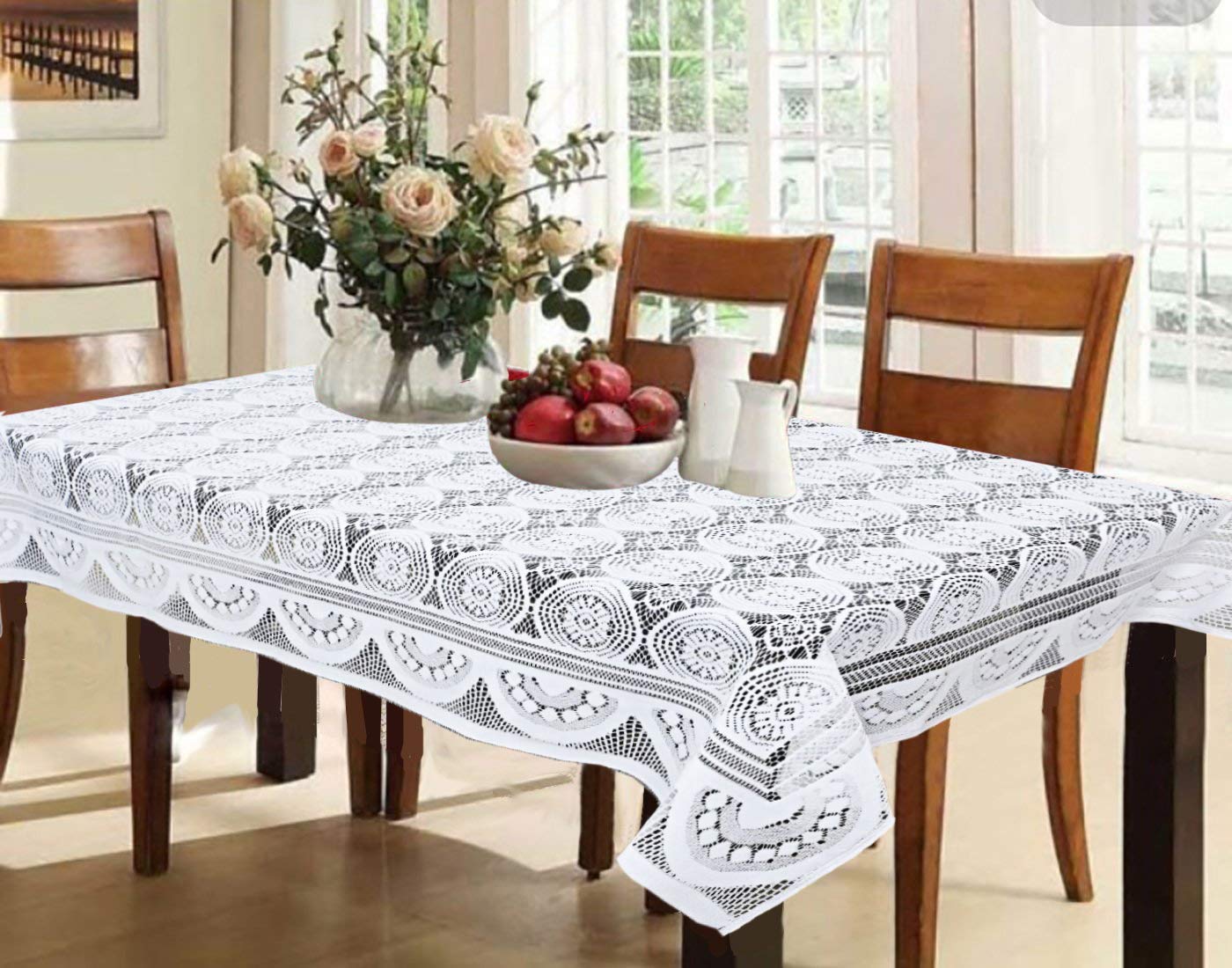 Weavers Villa Floral Cotton Net Rectangular 6 Seater Dining Table Cover (60x90 Inches, Pack of 1)