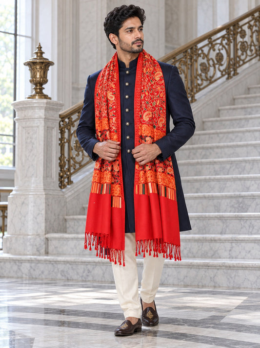 Weavers Villa MS-111-RED men's shawl styled on a premium model in a royal setting, view 1.