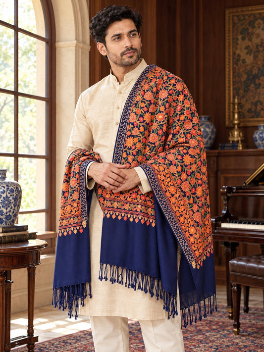 Weavers Villa MS-113-NAVYBLUE men's shawl styled on a premium model in a royal setting, view 1.