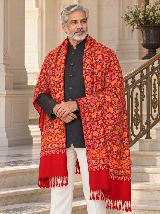 Weavers Villa MS-113-RED men's shawl styled on a premium model in a royal setting, view 1.