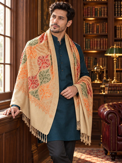 Weavers Villa MS-124-BEIGE men's shawl styled on a premium model in a royal setting, view 1.