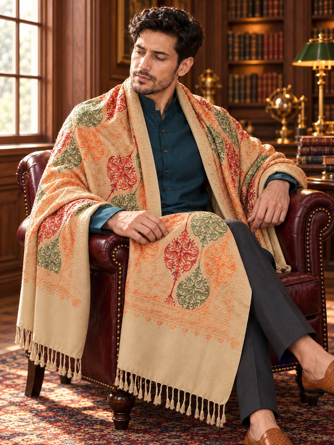 Weavers Villa MS-124-BEIGE men's shawl styled on a premium model in a royal setting, view 2.