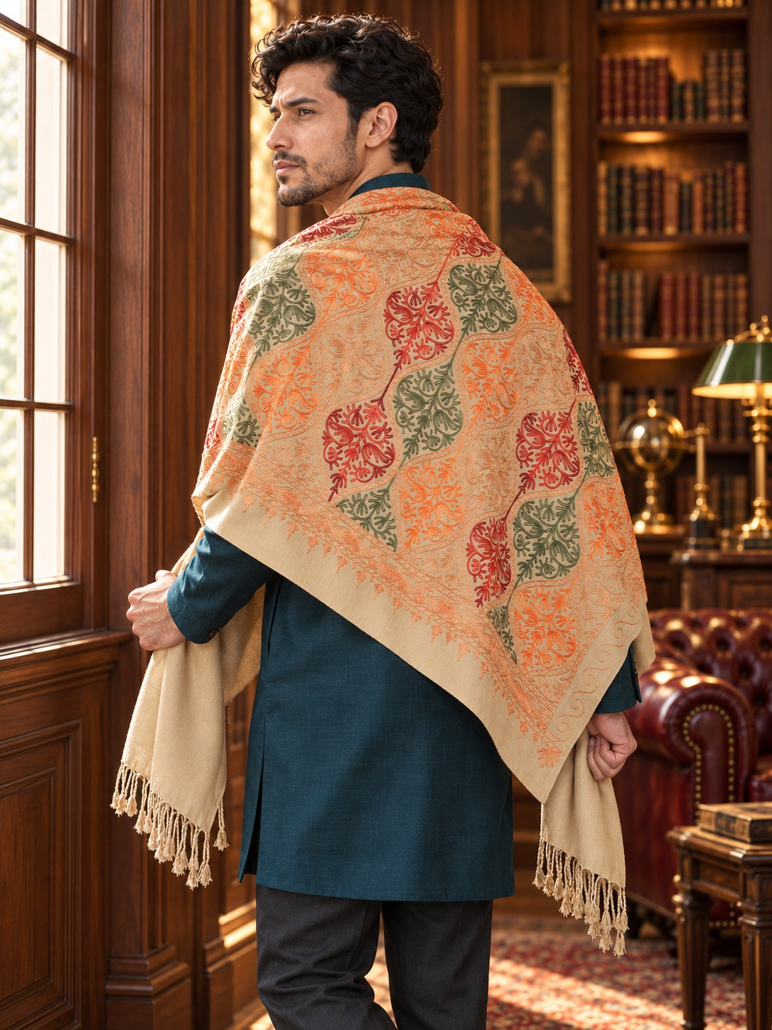 Weavers Villa MS-124-BEIGE men's shawl styled on a premium model in a royal setting, view 3.