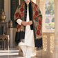 Weavers Villa MS-124-BLACK men's shawl styled on a premium model in a royal setting, view 1.