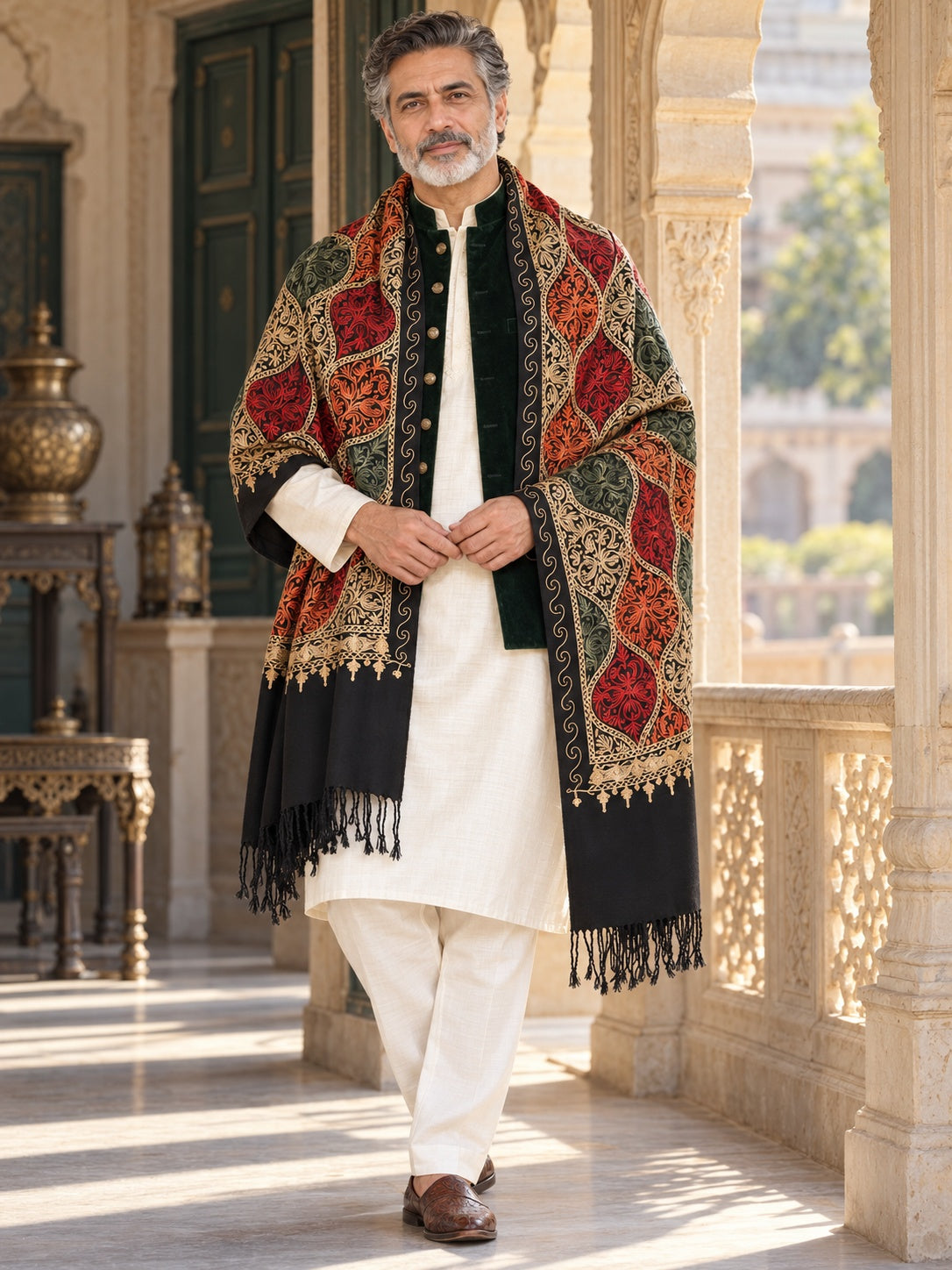 Weavers Villa MS-124-BLACK men's shawl styled on a premium model in a royal setting, view 1.