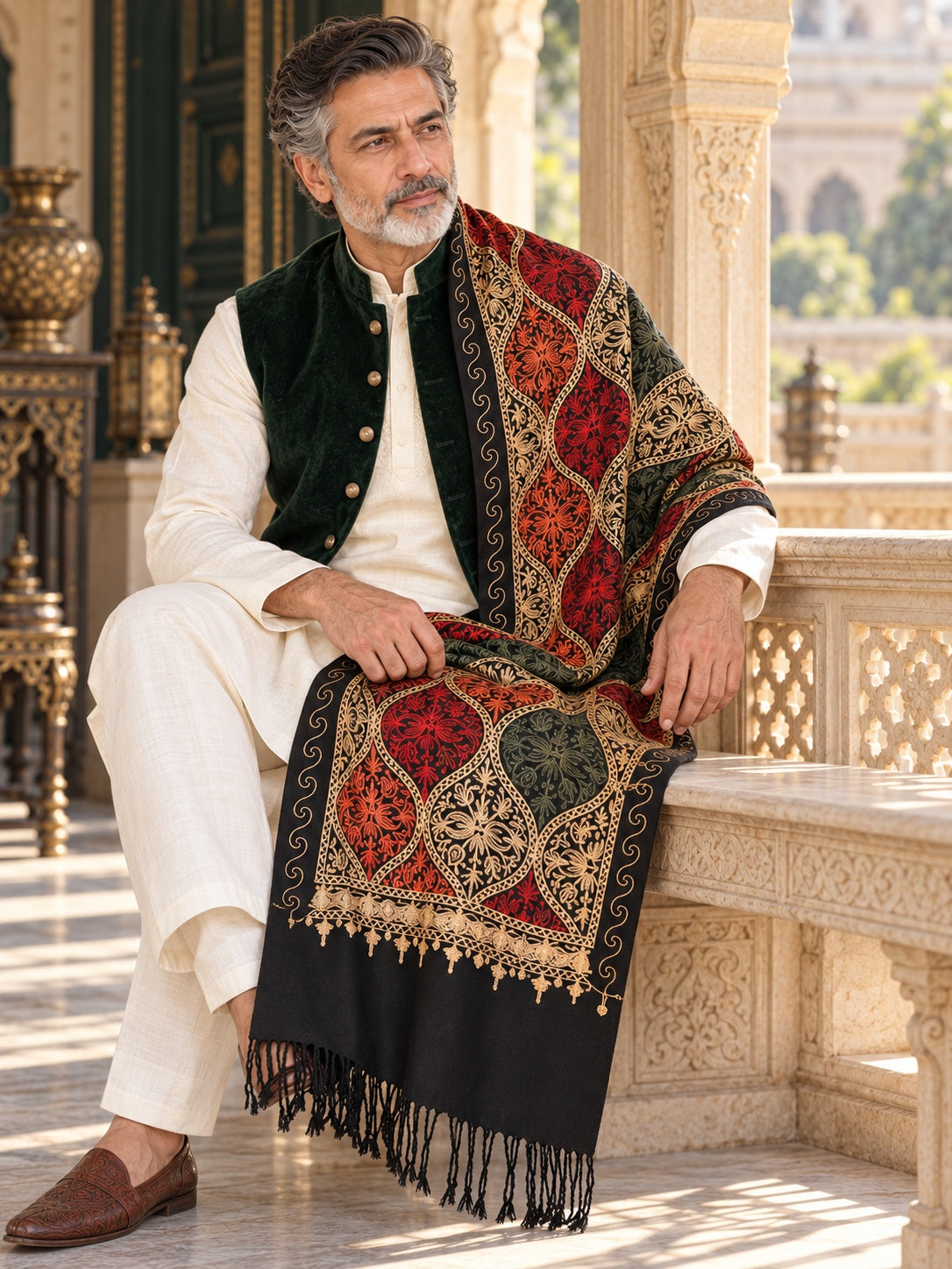 Weavers Villa MS-124-BLACK men's shawl styled on a premium model in a royal setting, view 2.