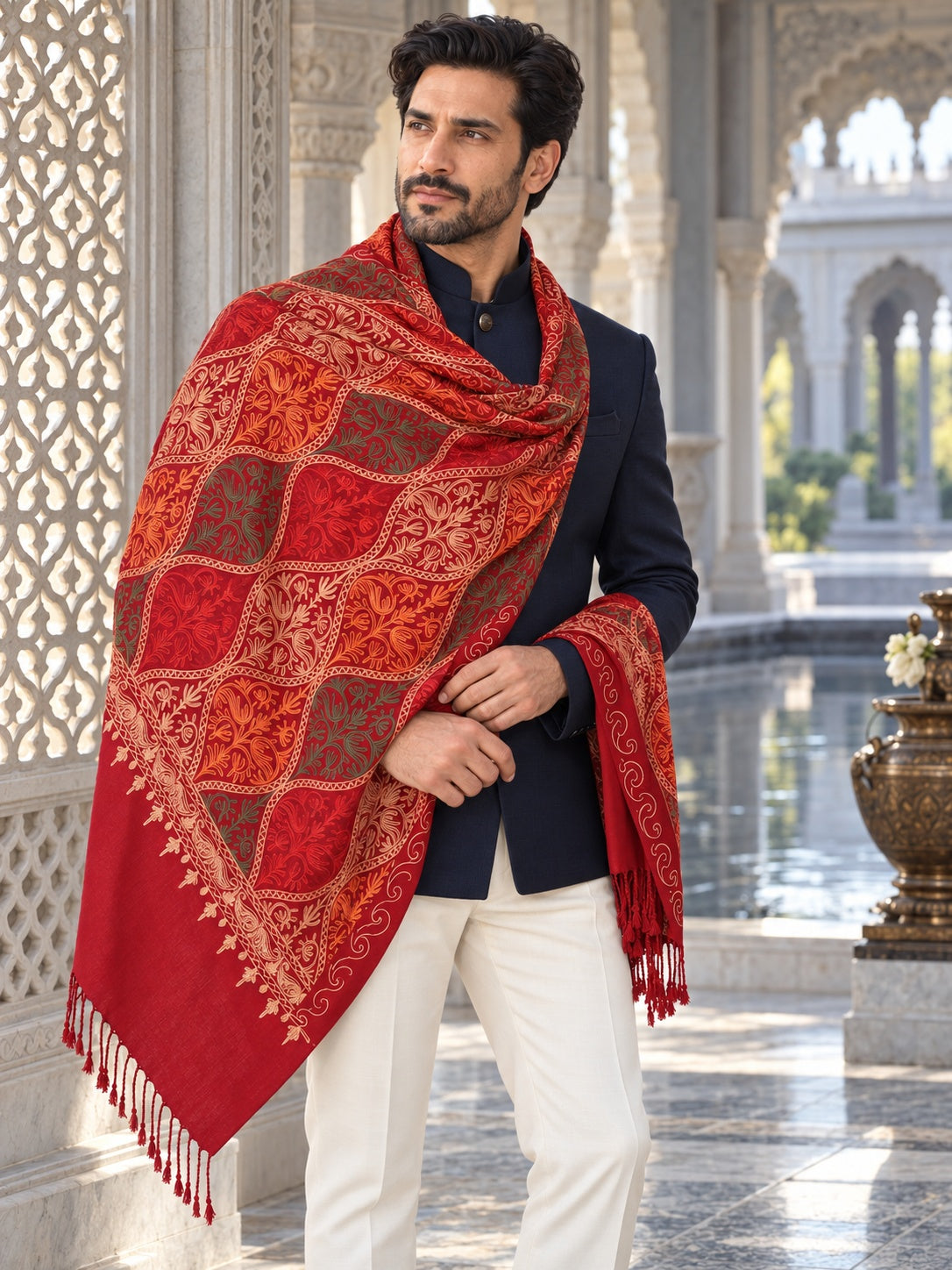 Weavers Villa MS-124-MAROON men's shawl styled on a premium model in a royal setting, view 3.