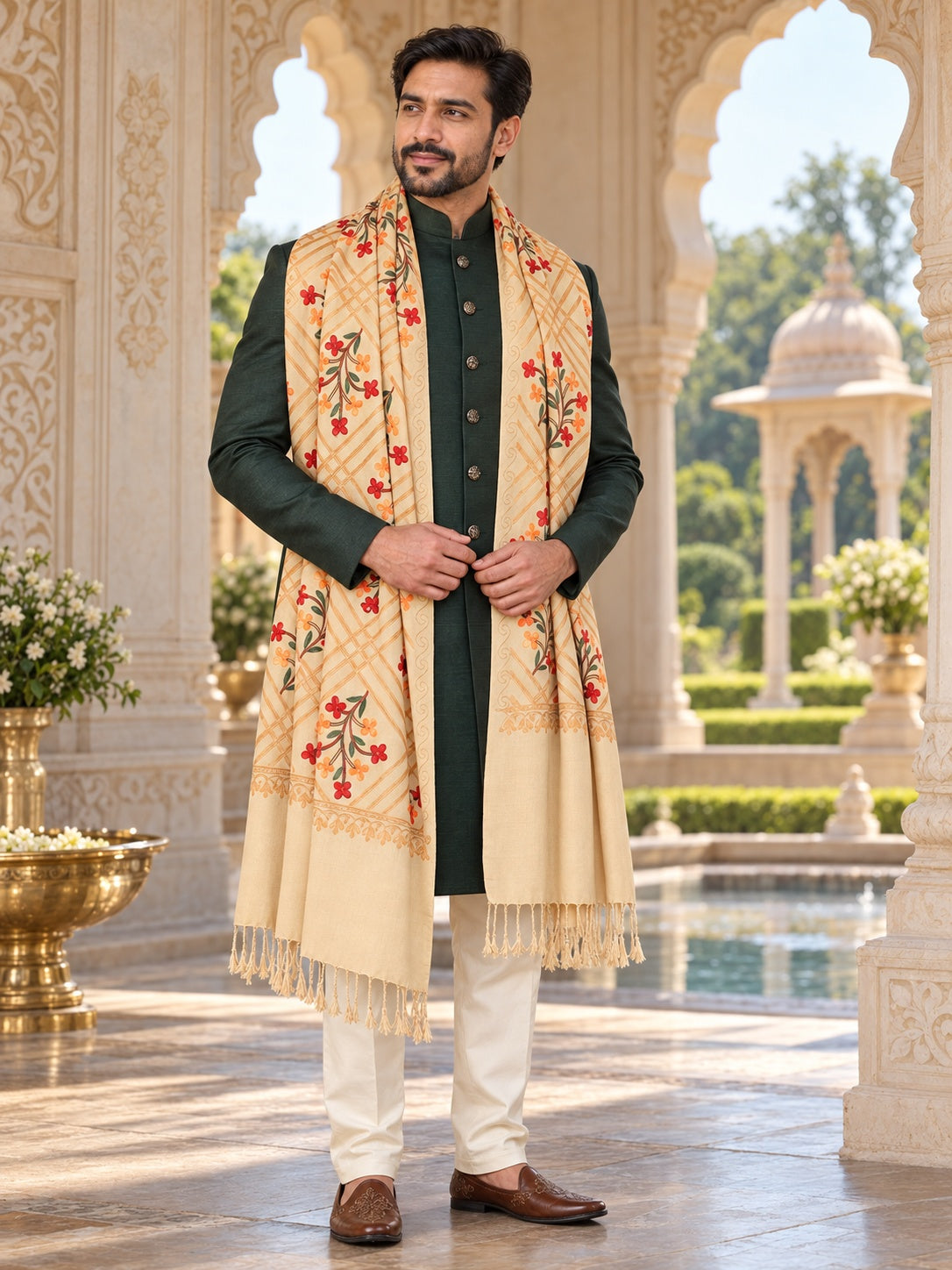 Weavers Villa MS-125-BEIGE men's shawl styled on a premium model in a royal setting, view 2.