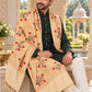 Weavers Villa MS-125-BEIGE men's shawl styled on a premium model in a royal setting, view 3.