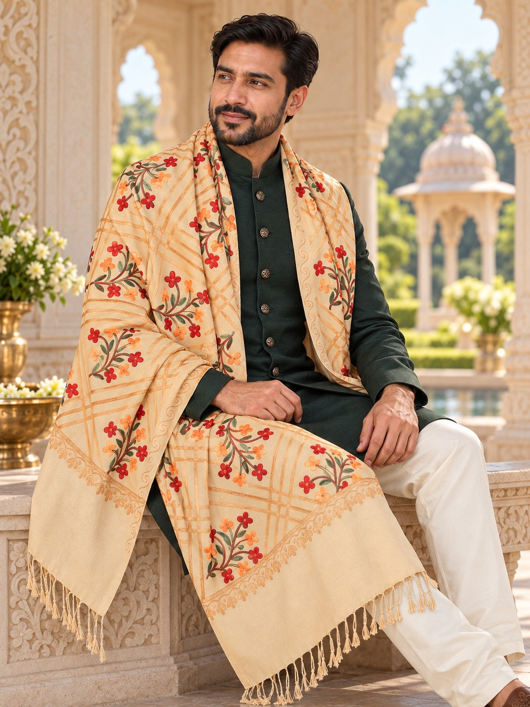 Weavers Villa MS-125-BEIGE men's shawl styled on a premium model in a royal setting, view 3.