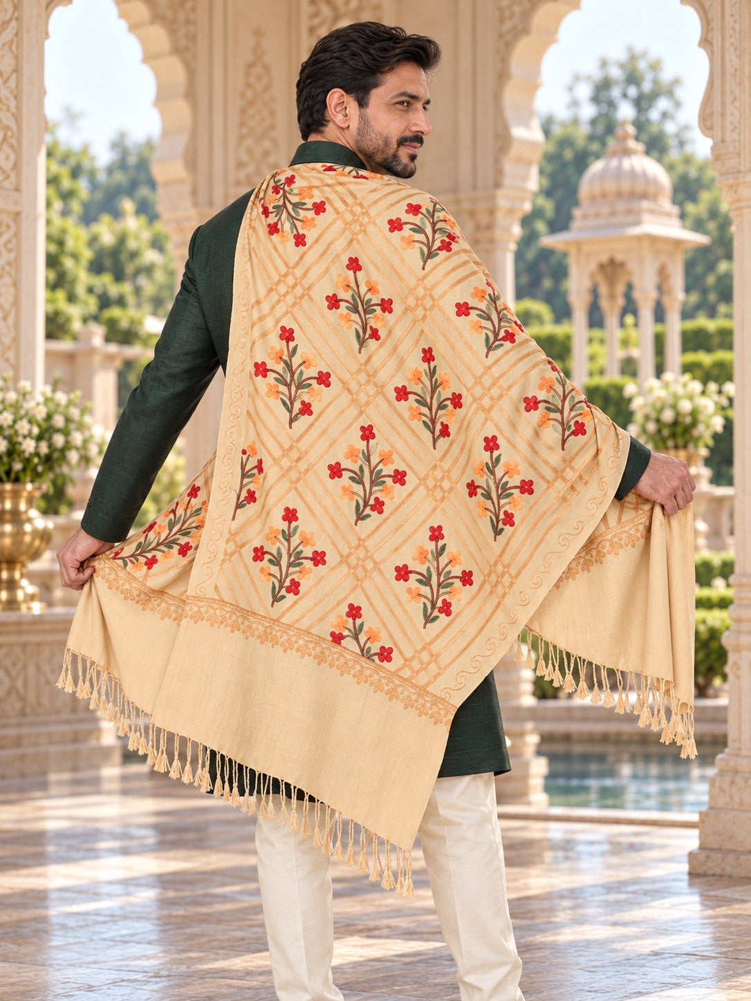 Weavers Villa MS-125-BEIGE men's shawl styled on a premium model in a royal setting, view 4.