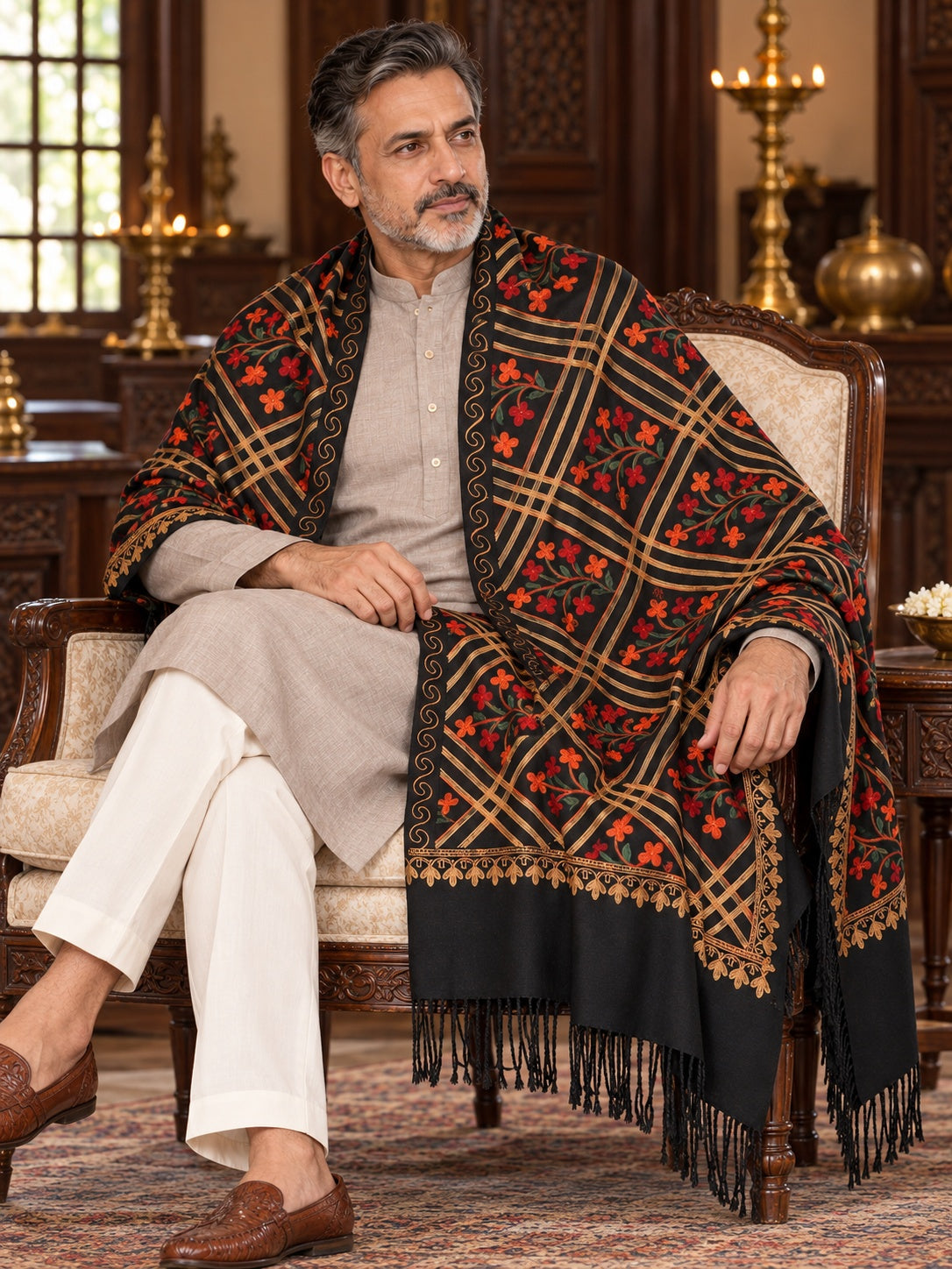 Weavers Villa MS-125-BLACK men's shawl styled on a premium model in a royal setting, view 2.