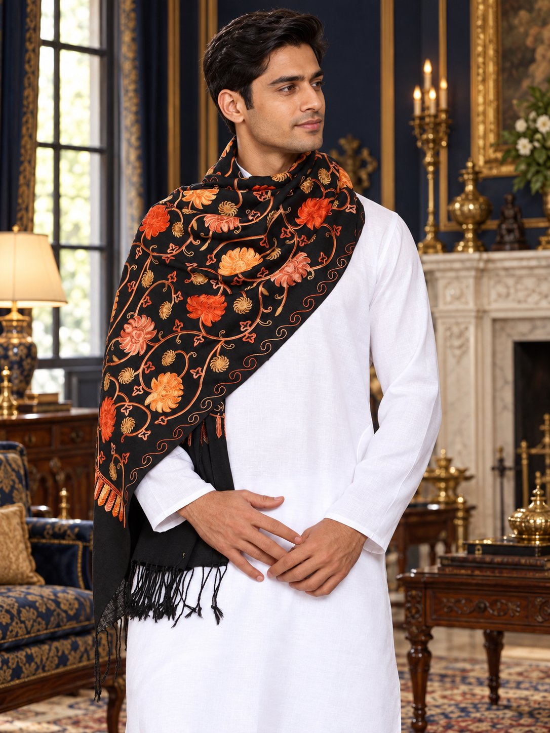Men's Floral Embroided Cashmilon Shawl — black, premium model in a royal palace